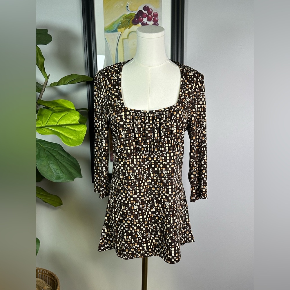 Bellina Square Neck Top Women’s M 3/4 Sleeve Stretch Shirt Geometric Pattern Vtg